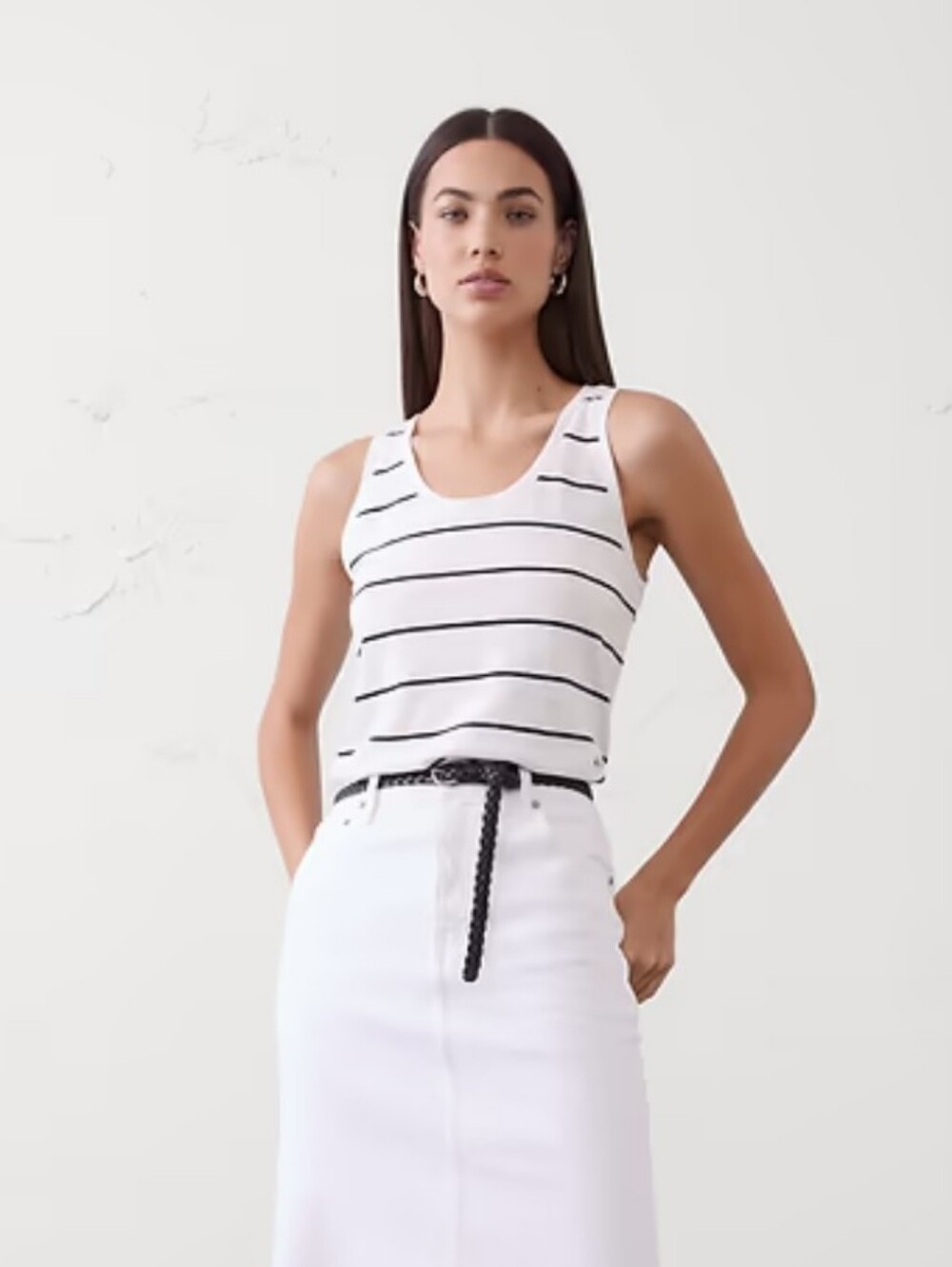 Banana Rebulic Factory Scoop Neck Linen Blend Tank Top Striped White Navy NWT XS